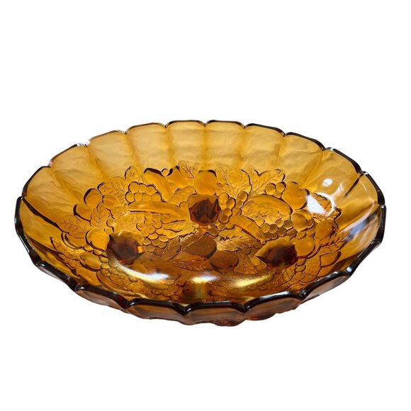 Vintage Indiana Glass Fruit Bowl Grape Harvest Pattern Amber Depression Glass - Picture 1 of 10